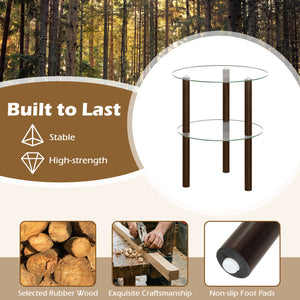 2-Tier Round End Table with Clear Tempered Glass Top and Shelf-Brown
