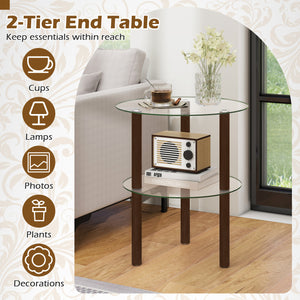 2-Tier Round End Table with Clear Tempered Glass Top and Shelf-Brown