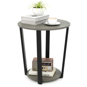2-Tier Round End Table with Storage Shelf and Metal Frame-Oak