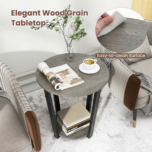 2-Tier Round End Table with Storage Shelf and Metal Frame-Oak