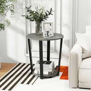 2-Tier Round End Table with Storage Shelf and Metal Frame-Oak