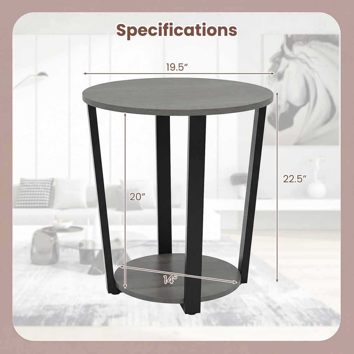 2-Tier Round End Table with Storage Shelf and Metal Frame-Oak