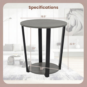 2-Tier Round End Table with Storage Shelf and Metal Frame-Oak