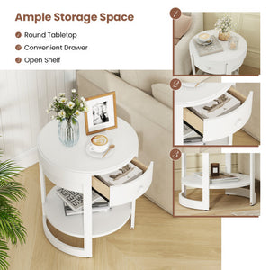 2-Tier Round End Table Mid Century Modern Nightstand-White