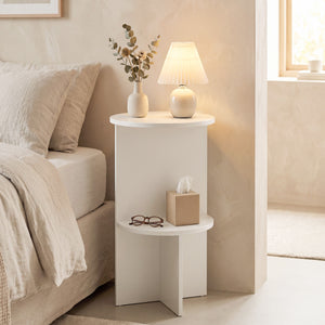 2-Tier Round Side Table with Storage Shelf for Small Space-White
