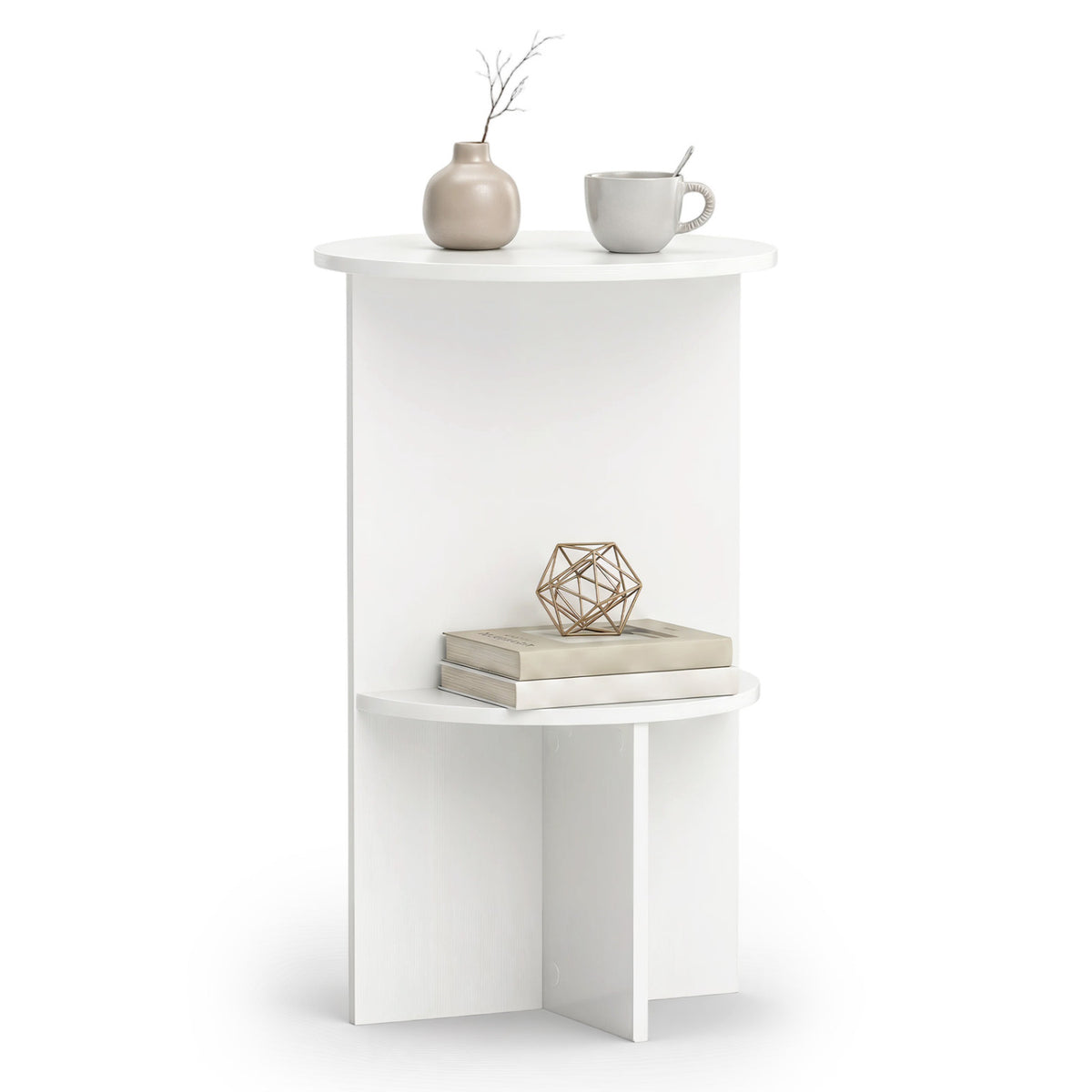 2-Tier Round Side Table with Storage Shelf for Small Space-White