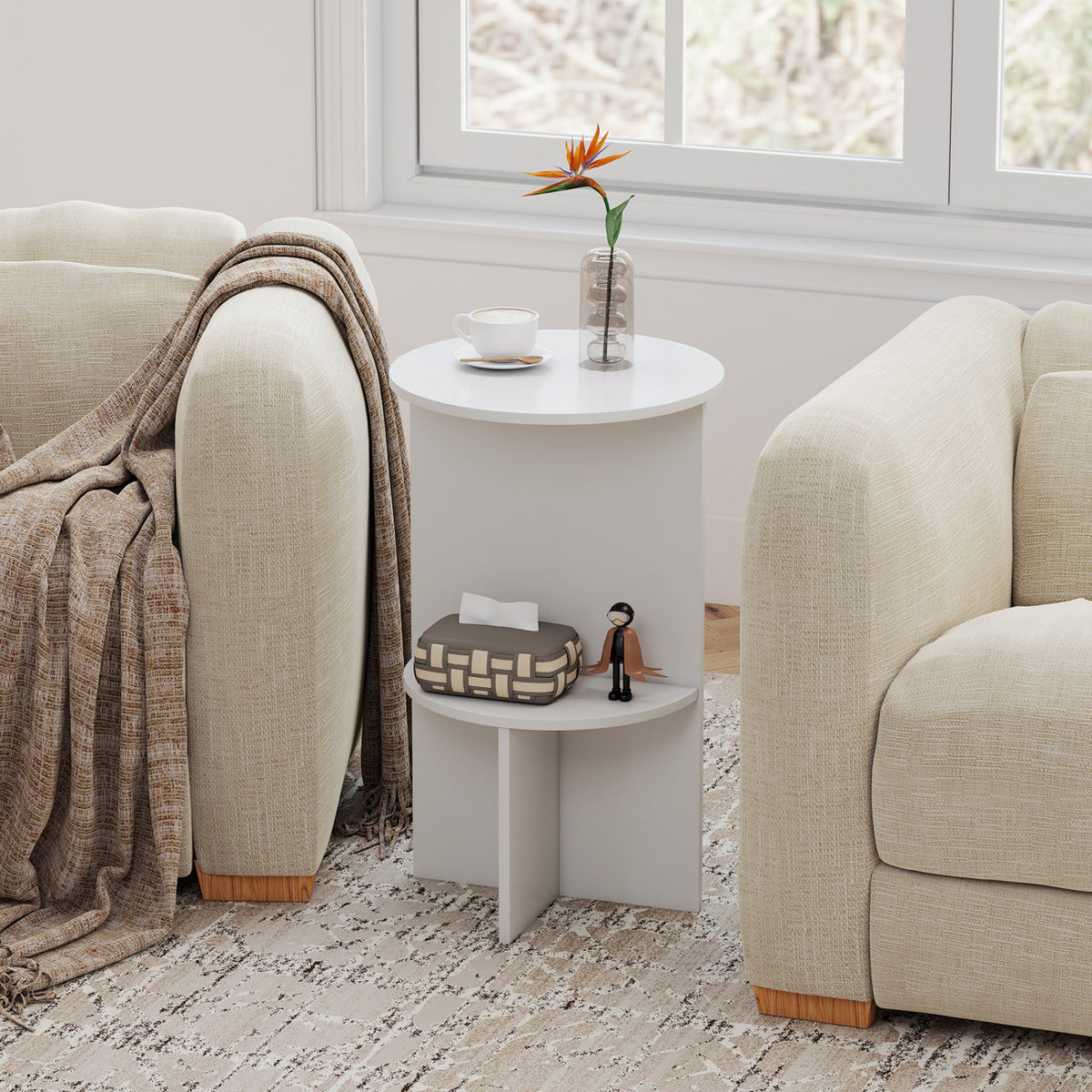 2-Tier Round Side Table with Storage Shelf for Small Space-White