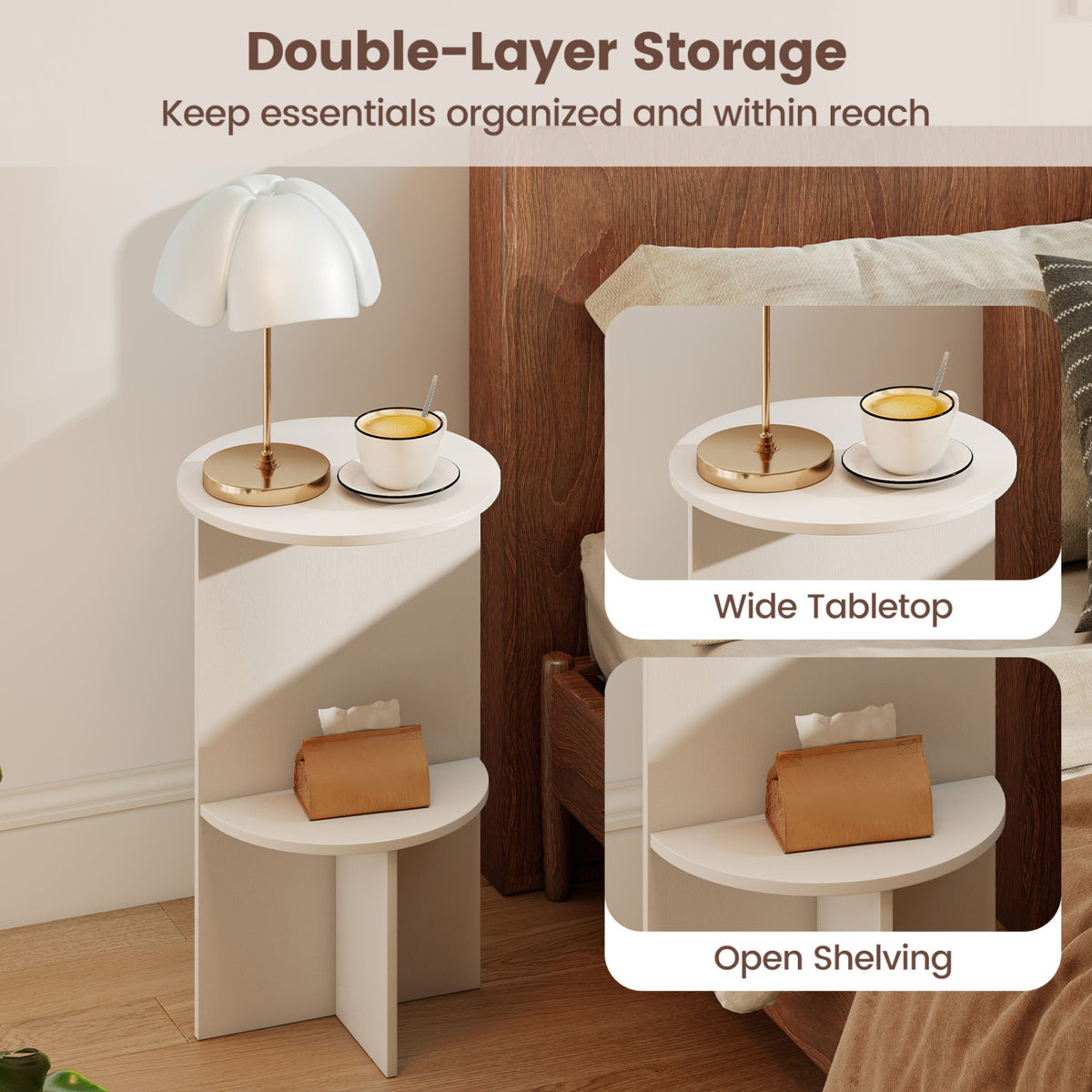 2-Tier Round Side Table with Storage Shelf for Small Space-White