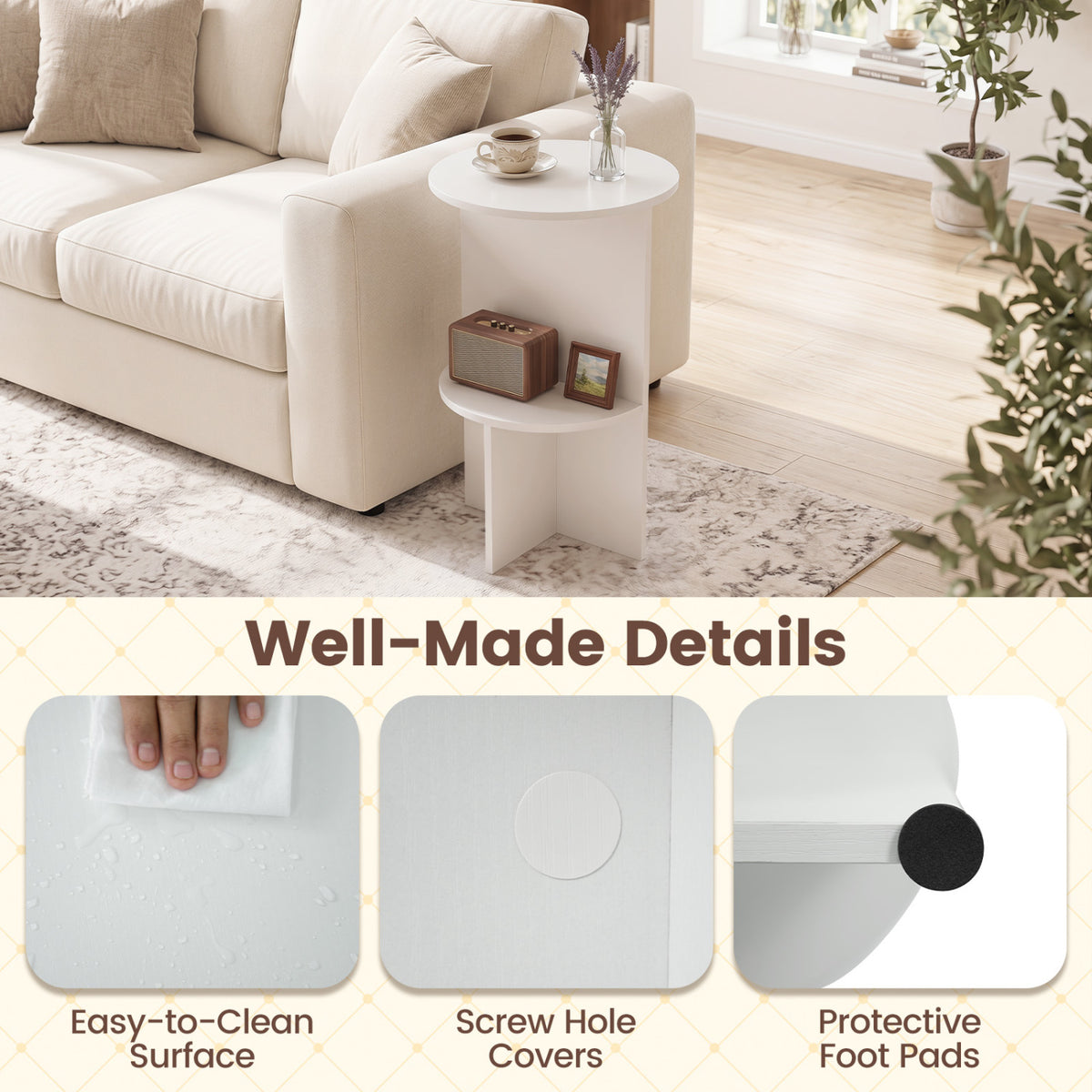 2-Tier Round Side Table with Storage Shelf for Small Space-White