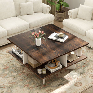 2-Tier Square Coffee Table with 4 Storage Compartments-Rustic Brown