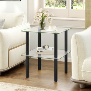 2-Tier Square End Table with Shelf and Clear Tempered Glass Top-Black