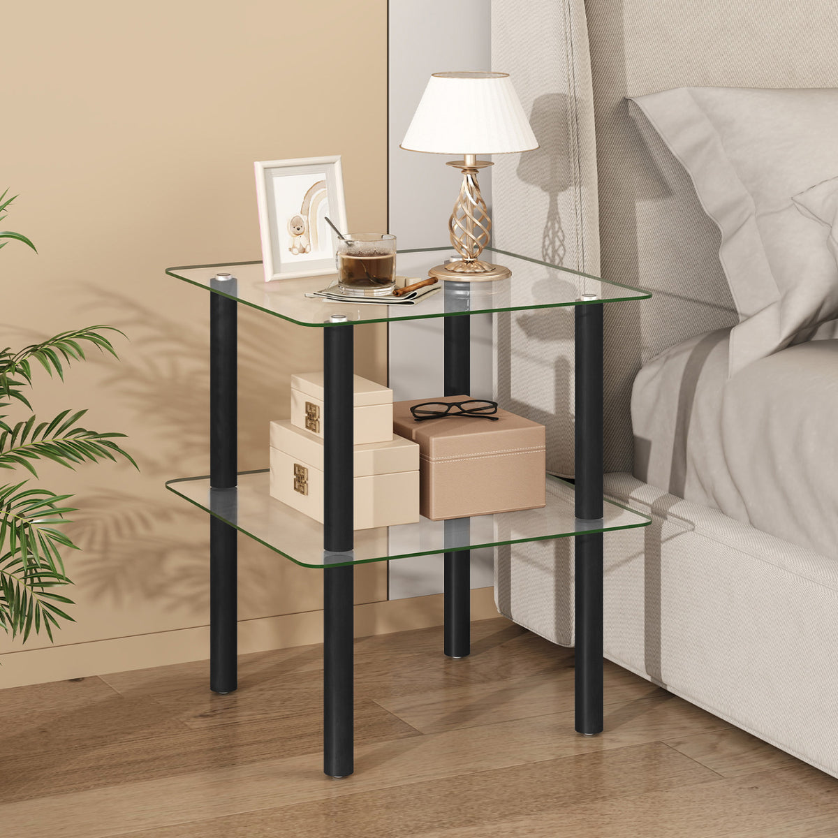 2-Tier Square End Table with Shelf and Clear Tempered Glass Top-Black
