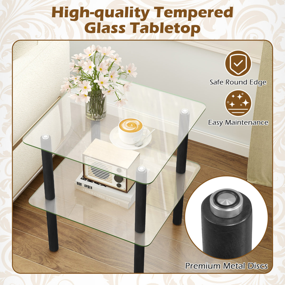2-Tier Square End Table with Shelf and Clear Tempered Glass Top-Black