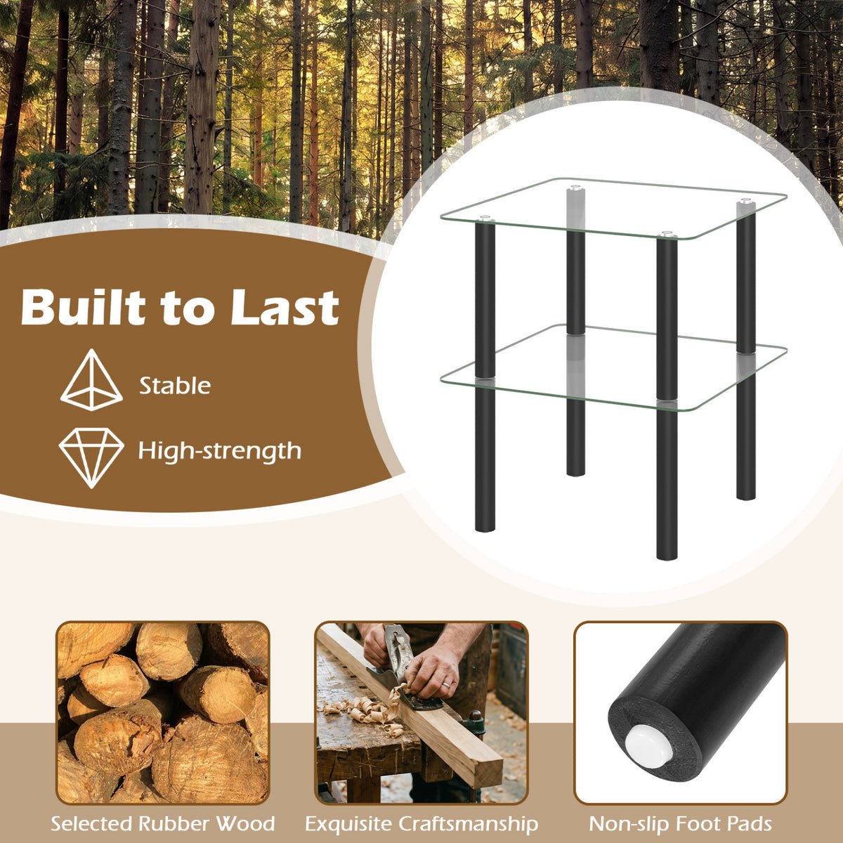 2-Tier Square End Table with Shelf and Clear Tempered Glass Top-Black