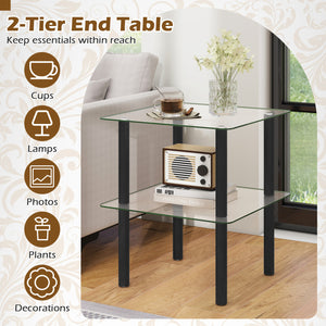 2-Tier Square End Table with Shelf and Clear Tempered Glass Top-Black