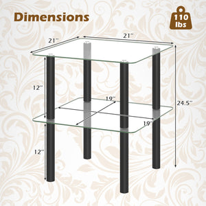 2-Tier Square End Table with Shelf and Clear Tempered Glass Top-Black