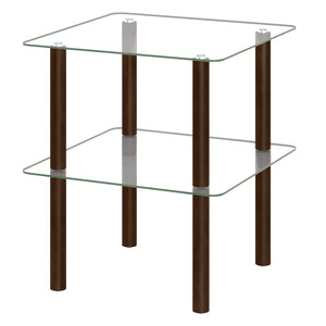 2-Tier Square End Table with Shelf and Clear Tempered Glass Top-Brown