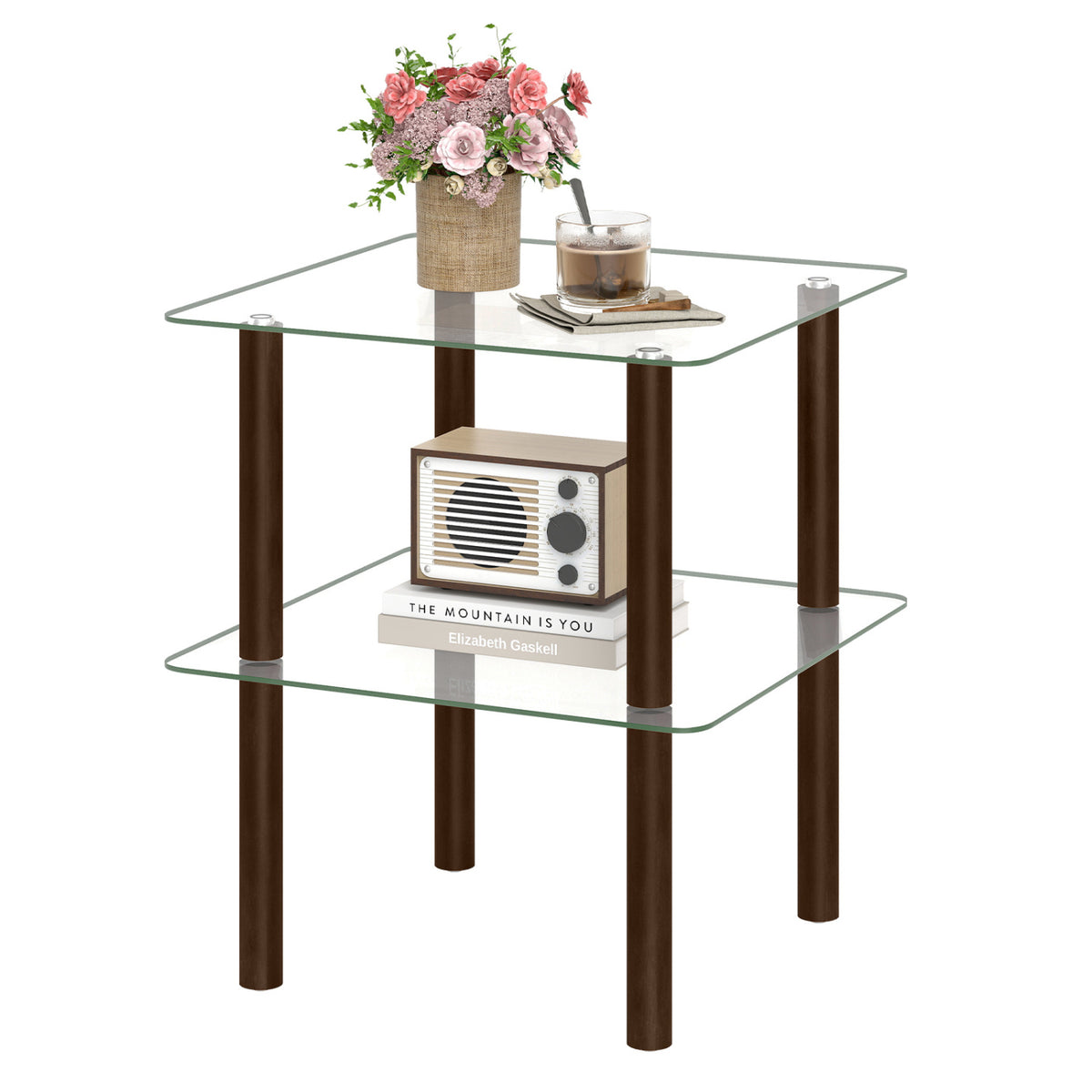 2-Tier Square End Table with Shelf and Clear Tempered Glass Top-Brown