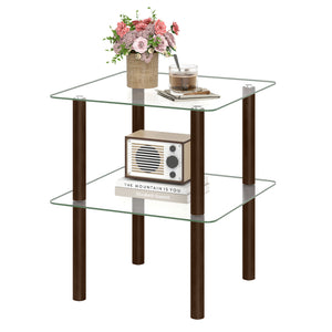 2-Tier Square End Table with Shelf and Clear Tempered Glass Top-Brown
