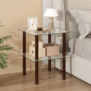 2-Tier Square End Table with Shelf and Clear Tempered Glass Top-Brown