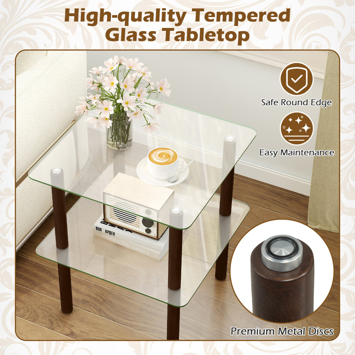 2-Tier Square End Table with Shelf and Clear Tempered Glass Top-Brown