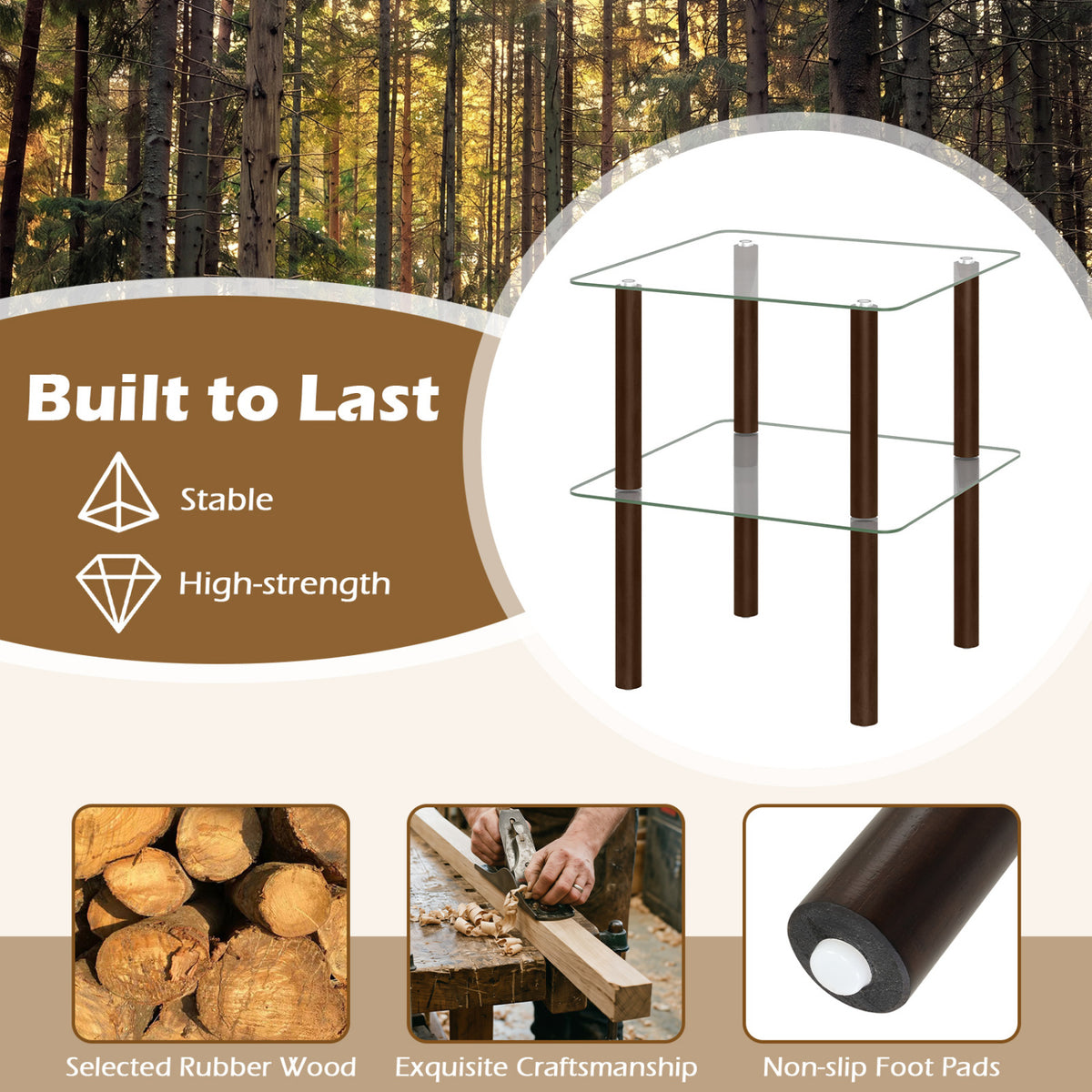 2-Tier Square End Table with Shelf and Clear Tempered Glass Top-Brown