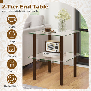 2-Tier Square End Table with Shelf and Clear Tempered Glass Top-Brown