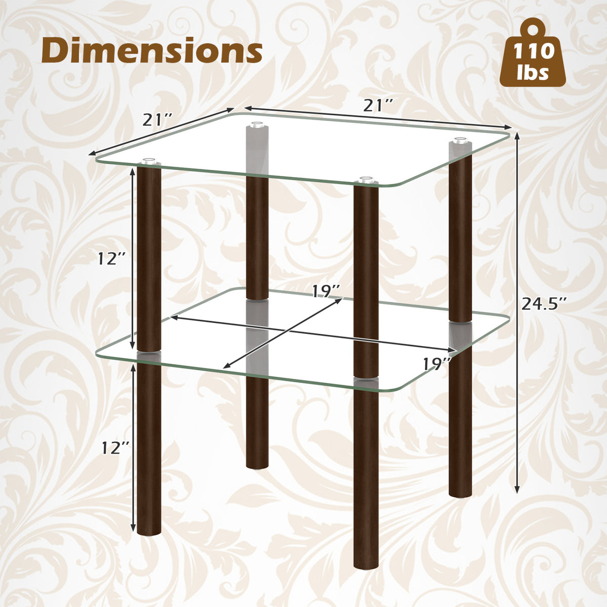 2-Tier Square End Table with Shelf and Clear Tempered Glass Top-Brown