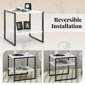 2-Tier Square End Table with Storage Shelf Reversible Design-White