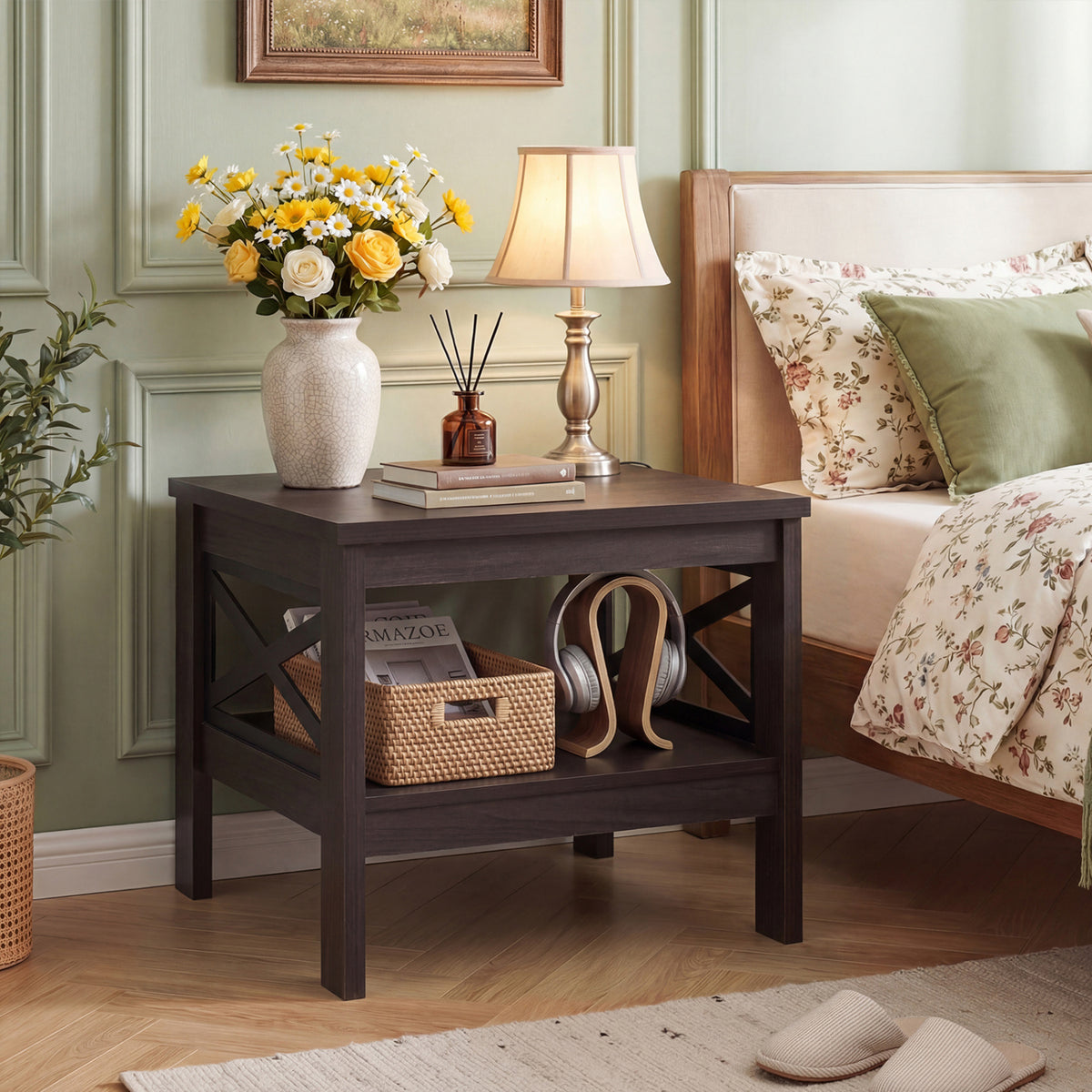 2-Tier Square Side Table with Storage Shelf and X-Frame for Bedroom Living Room-Brown