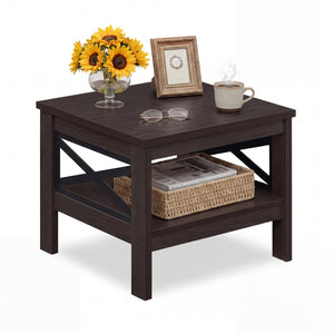 2-Tier Square Side Table with Storage Shelf and X-Frame for Bedroom Living Room-Brown