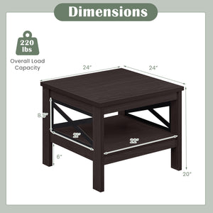 2-Tier Square Side Table with Storage Shelf and X-Frame for Bedroom Living Room-Brown