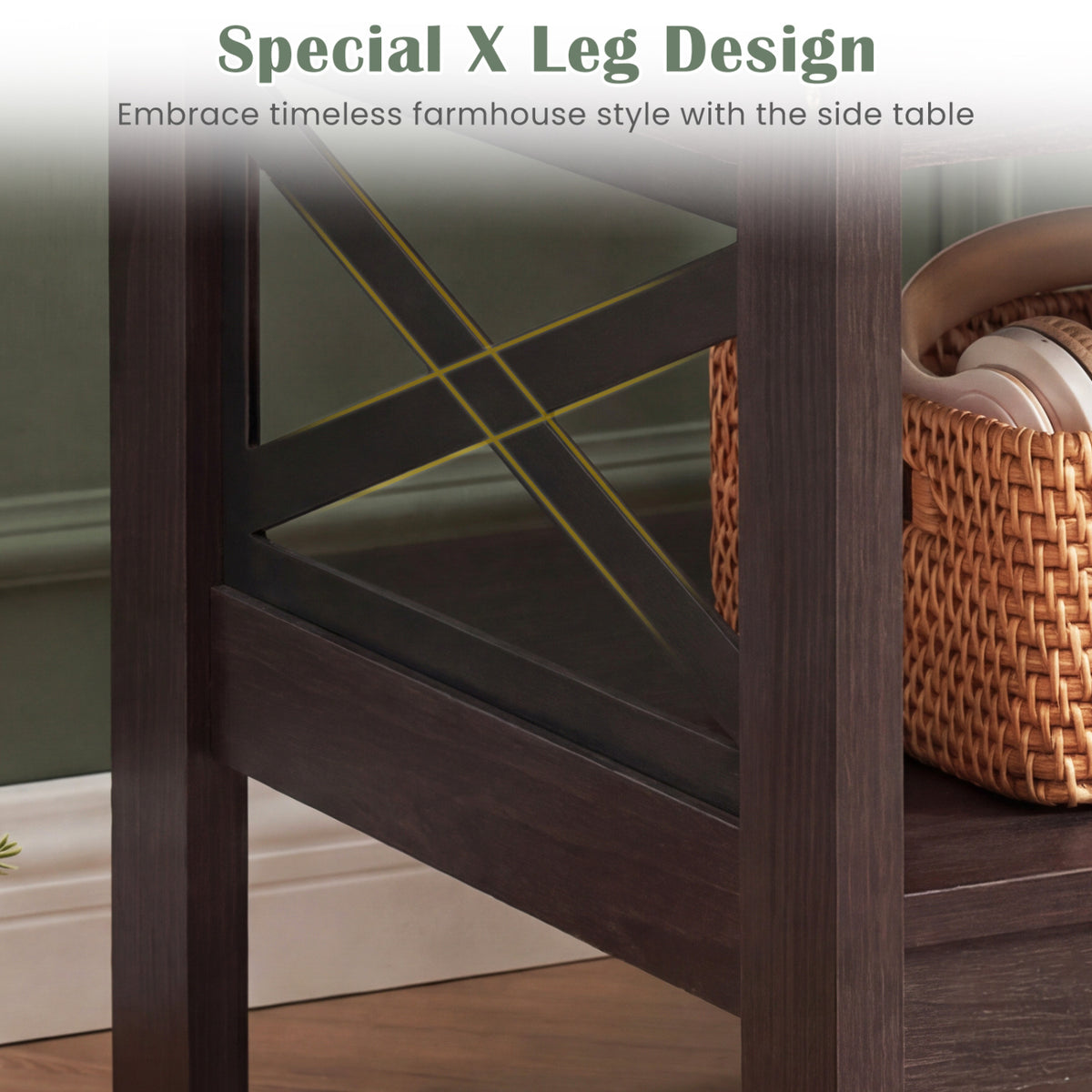 2-Tier Square Side Table with Storage Shelf and X-Frame for Bedroom Living Room-Brown