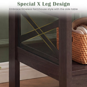 2-Tier Square Side Table with Storage Shelf and X-Frame for Bedroom Living Room-Brown