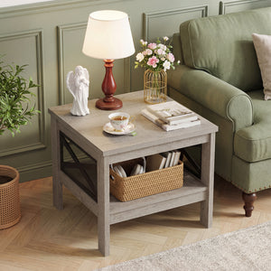 2-Tier Square Side Table with Storage Shelf and X-Frame for Bedroom Living Room-Oak
