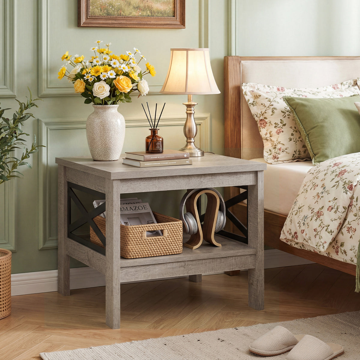 2-Tier Square Side Table with Storage Shelf and X-Frame for Bedroom Living Room-Oak