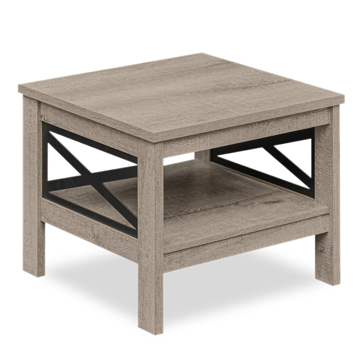 2-Tier Square Side Table with Storage Shelf and X-Frame for Bedroom Living Room-Oak