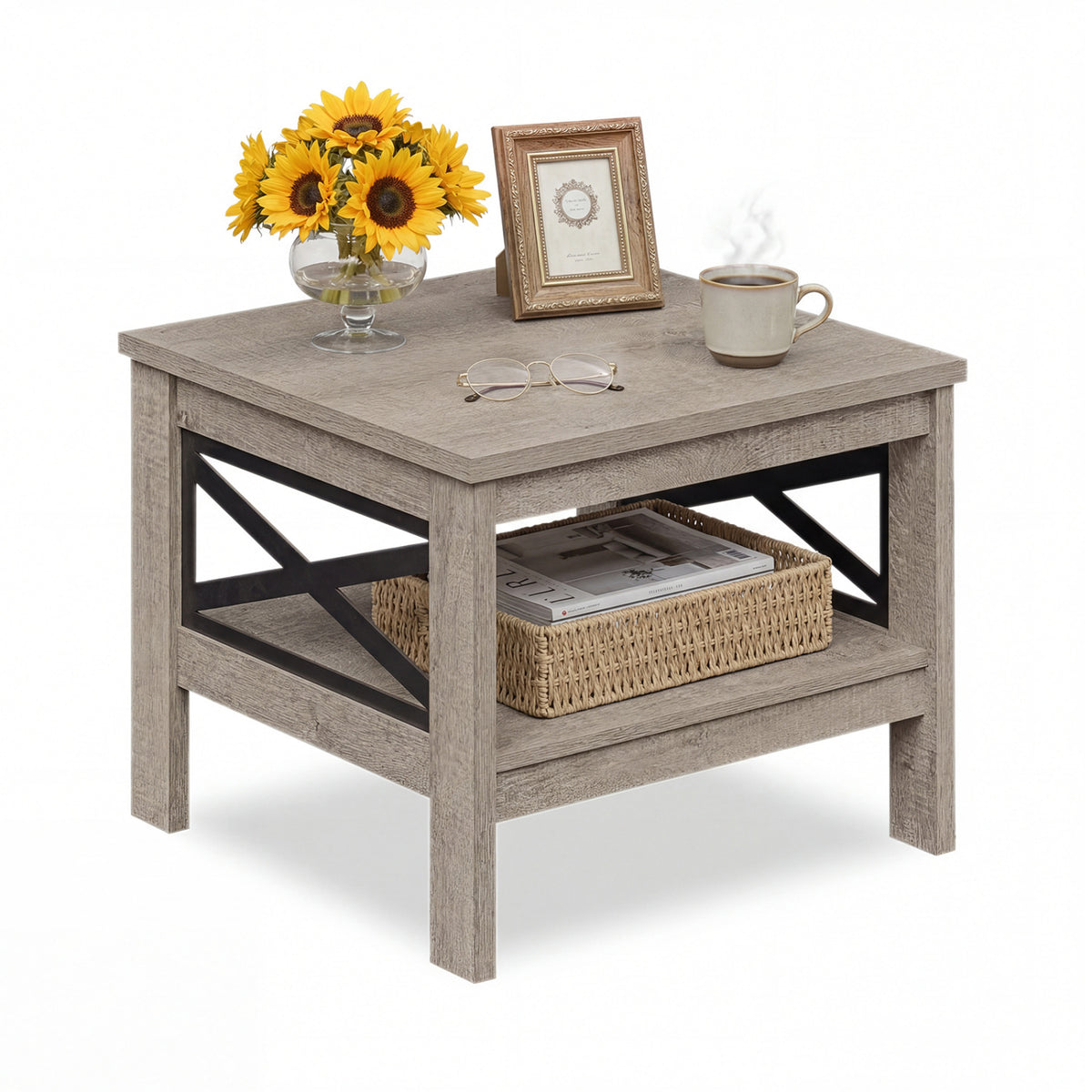 2-Tier Square Side Table with Storage Shelf and X-Frame for Bedroom Living Room-Oak