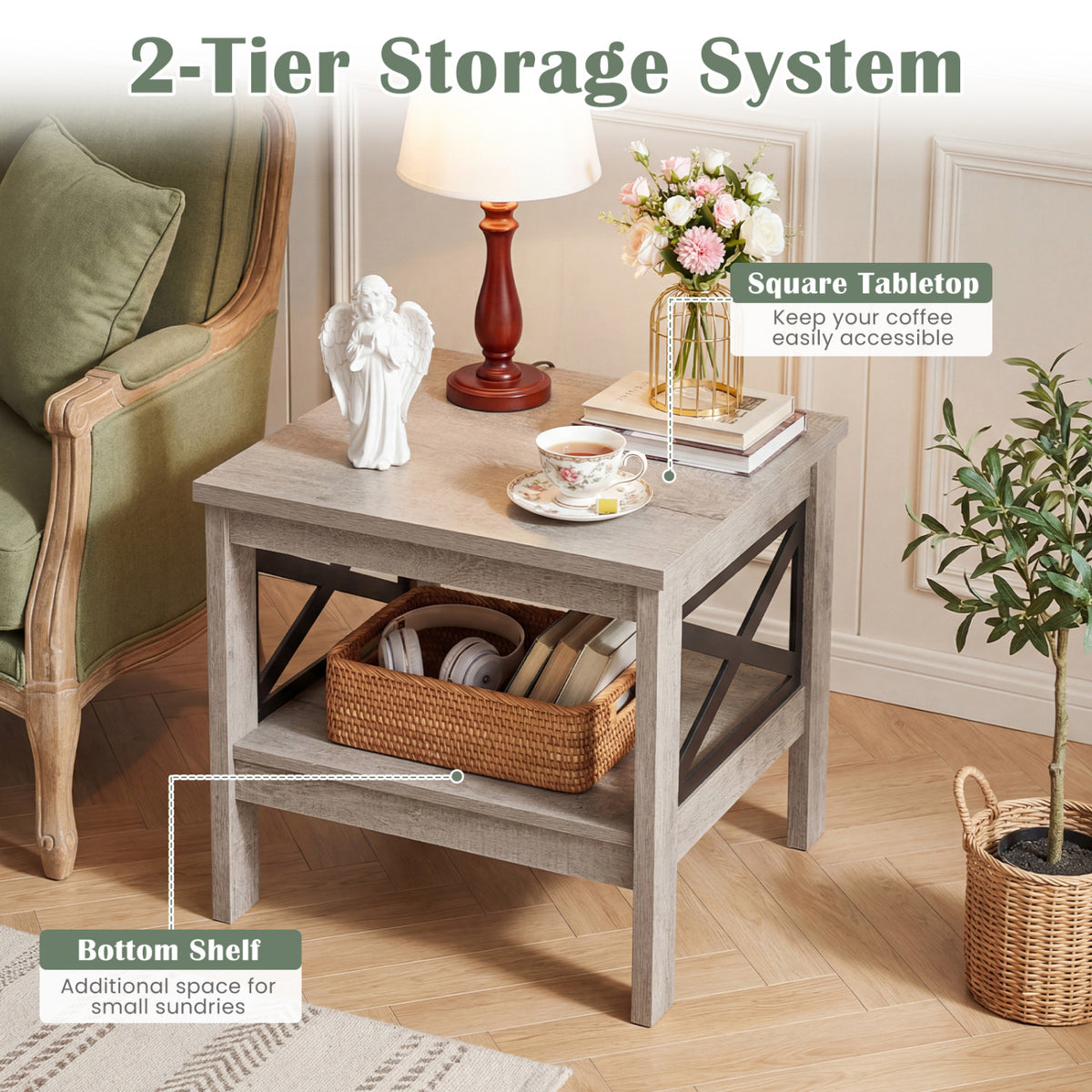 2-Tier Square Side Table with Storage Shelf and X-Frame for Bedroom Living Room-Oak