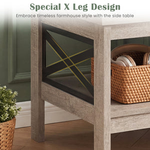 2-Tier Square Side Table with Storage Shelf and X-Frame for Bedroom Living Room-Oak