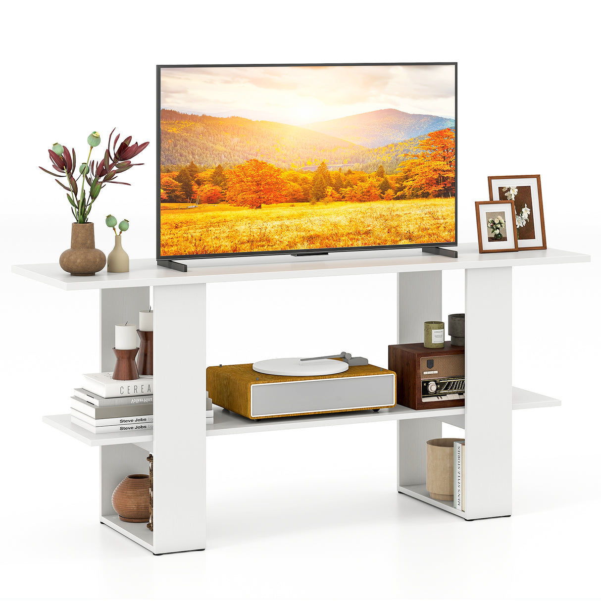 2-Tier TV Stand with Storage for TVs up to 55 Inch Console Table with Open Shelf-White