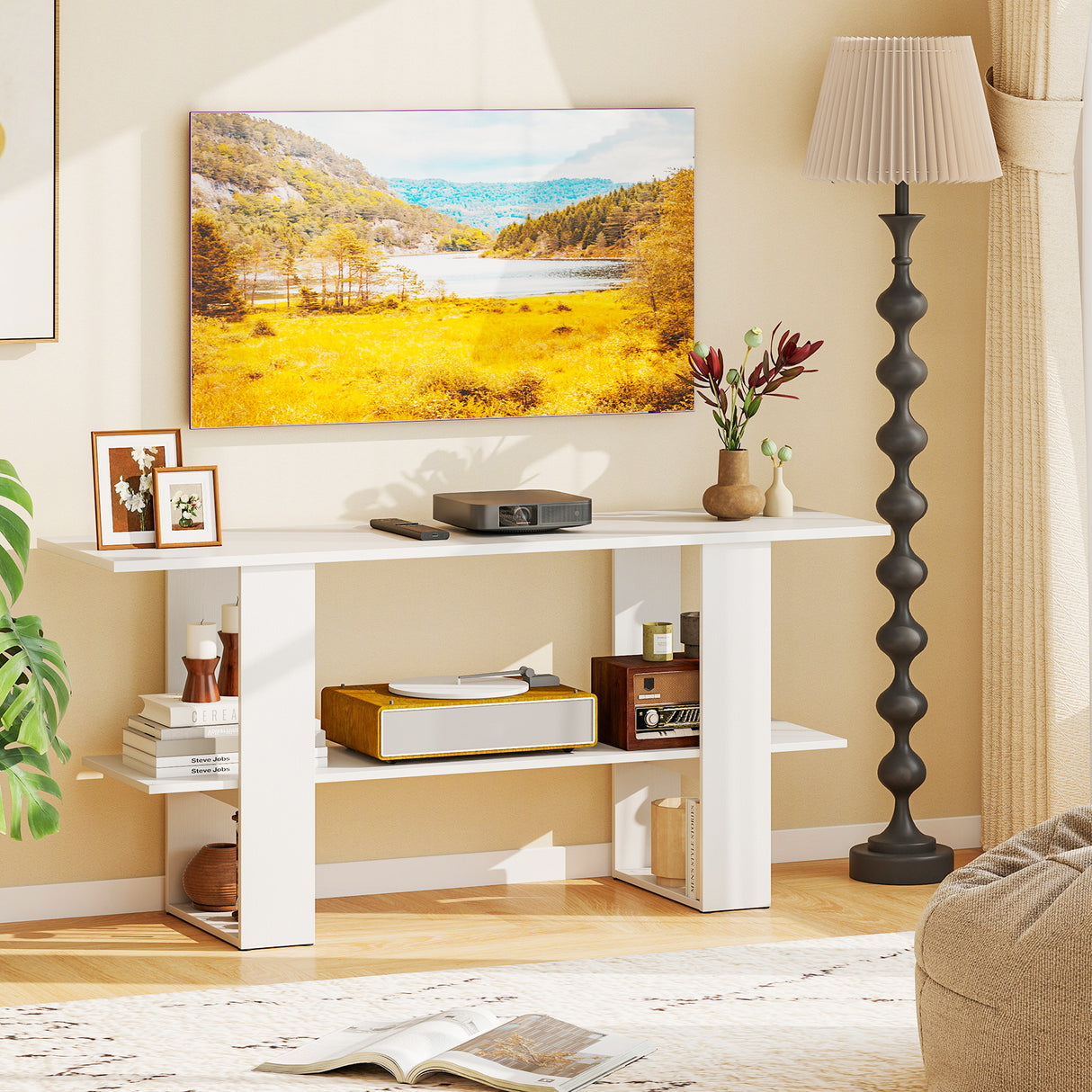 2-Tier TV Stand with Storage for TVs up to 55 Inch Console Table with Open Shelf-White