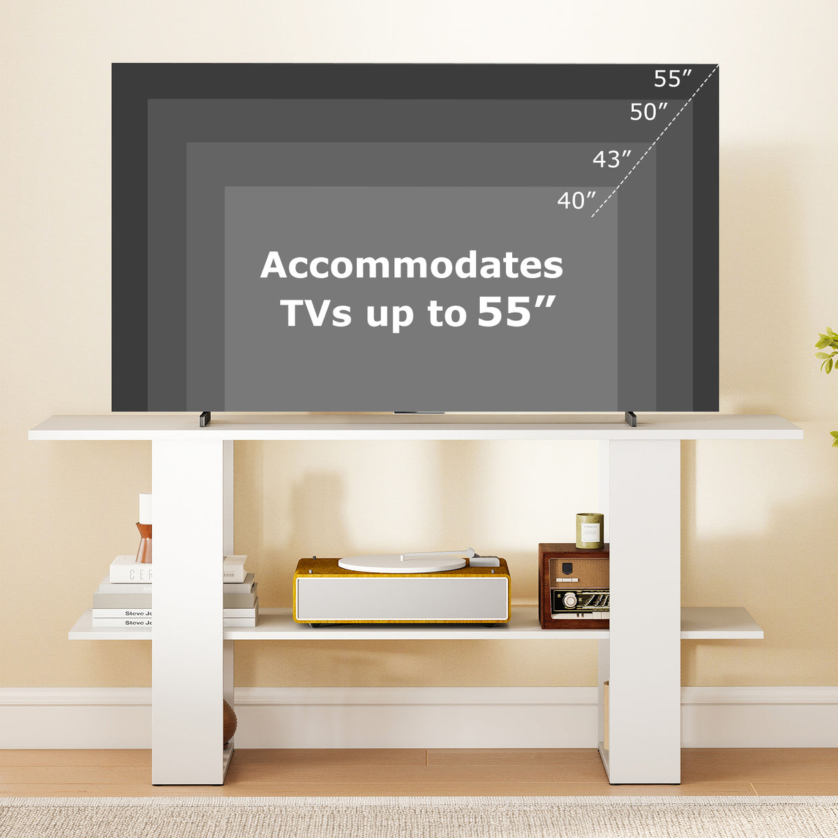 2-Tier TV Stand with Storage for TVs up to 55 Inch Console Table with Open Shelf-White