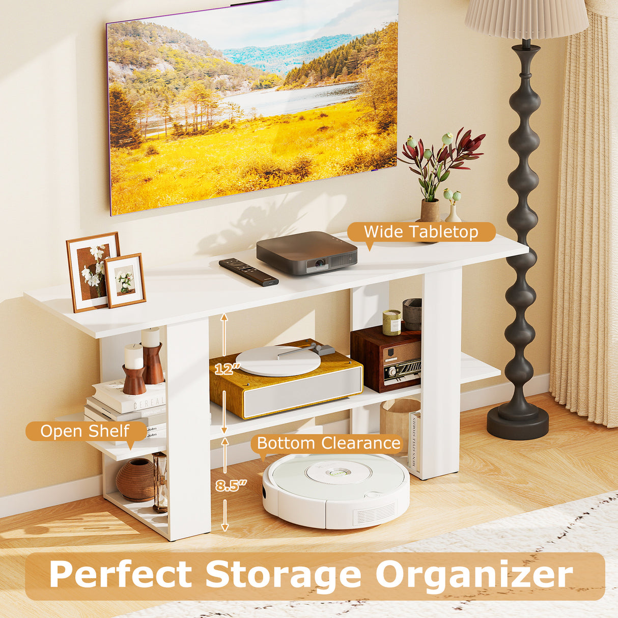 2-Tier TV Stand with Storage for TVs up to 55 Inch Console Table with Open Shelf-White