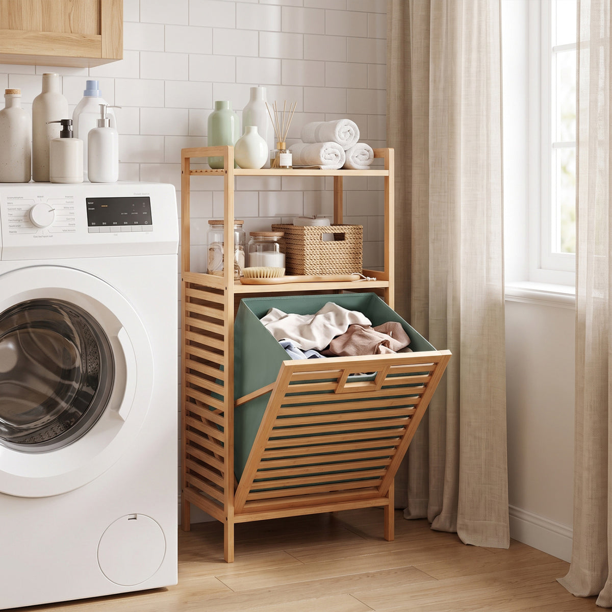 2-Tier Tilt out Laundry Hamper with Foldable and Removable Basket-Green