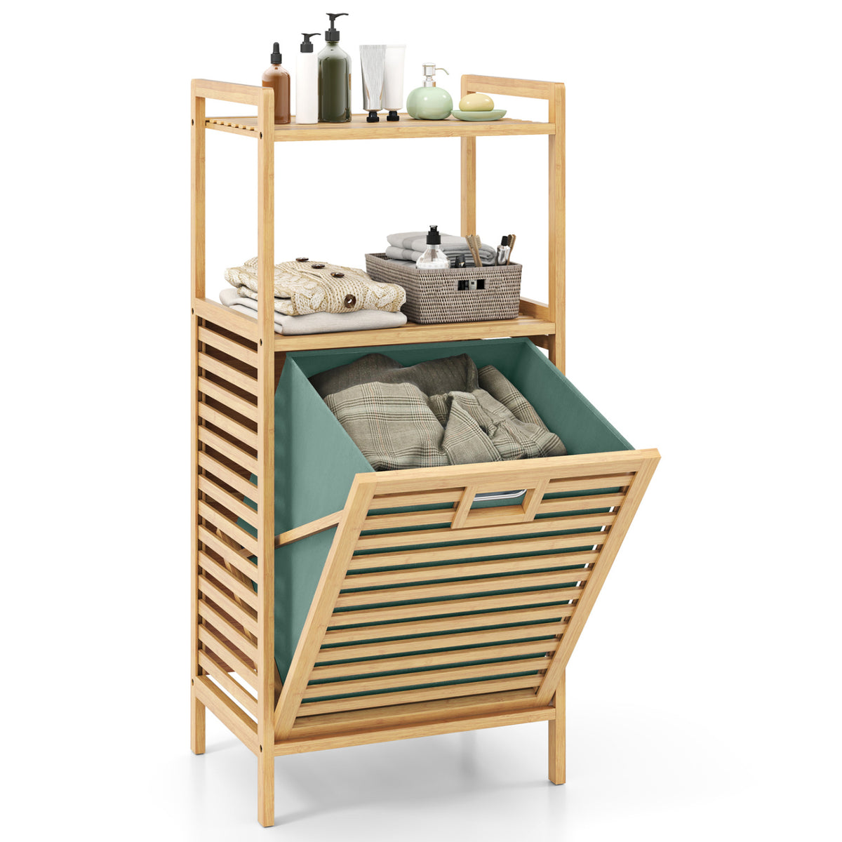 2-Tier Tilt out Laundry Hamper with Foldable and Removable Basket-Green