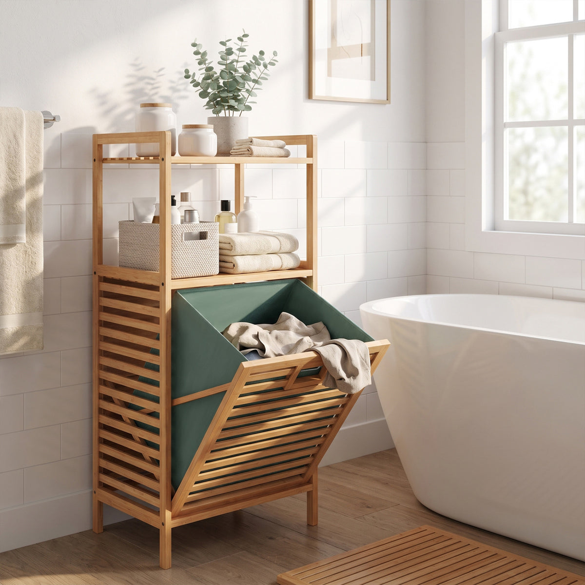 2-Tier Tilt out Laundry Hamper with Foldable and Removable Basket-Green