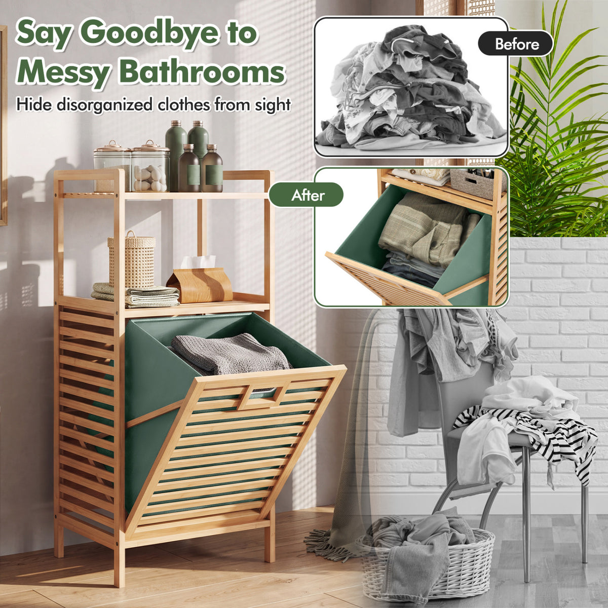 2-Tier Tilt out Laundry Hamper with Foldable and Removable Basket-Green