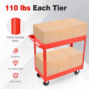 2-Tier Utility Cart with Handle and Heavy-Duty Metal Frame-Red