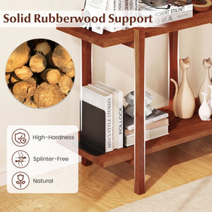 2-Tier Wood Bookshelf Low Horizontal Rubberwood Bookcase for Display-Walnut